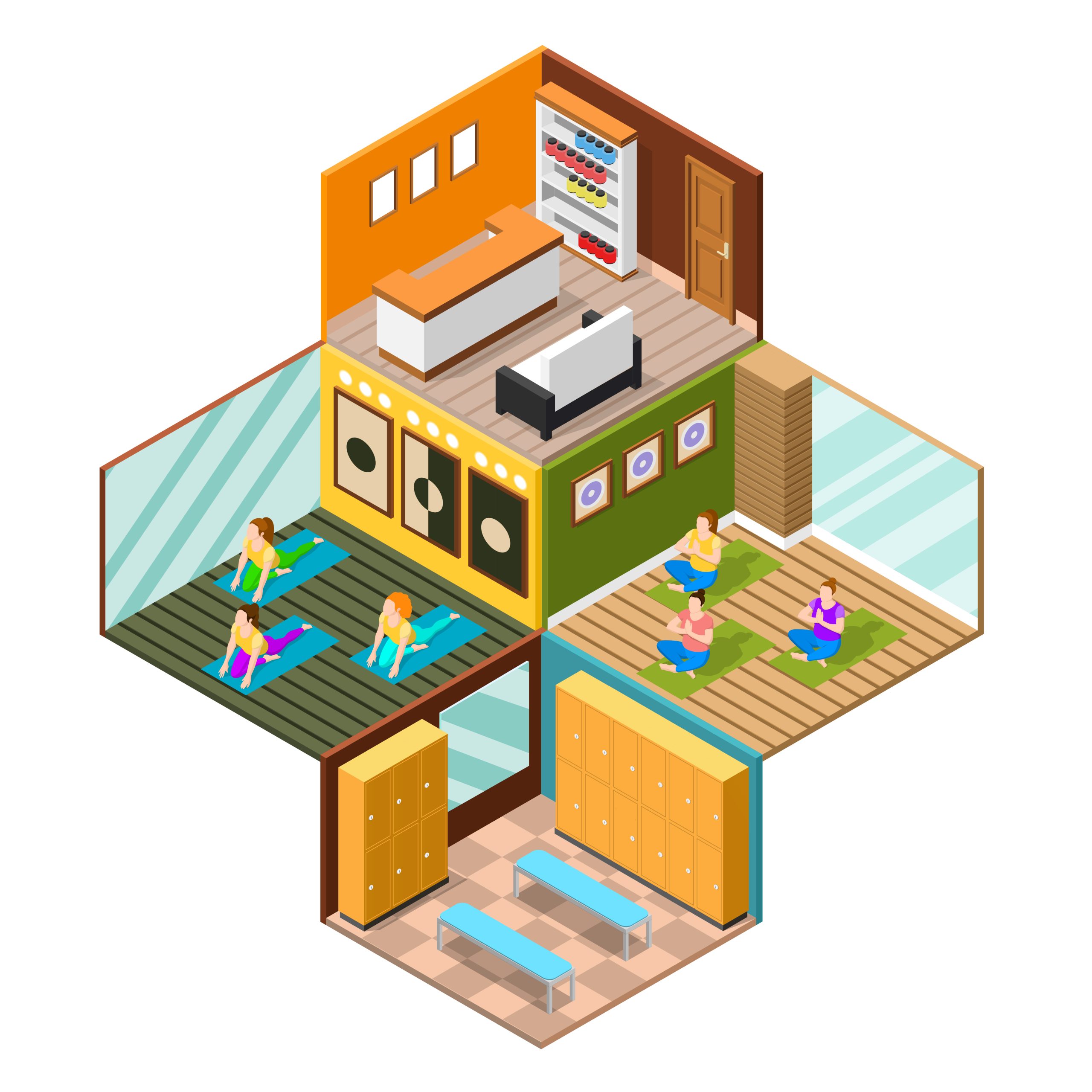 Different rooms of modern fitness studio and women practising yoga on white background 3d isometric vector illustration